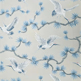 GL21702 Taupe beige blue gray white cranes floral branches faux fabric texture wallpaper
