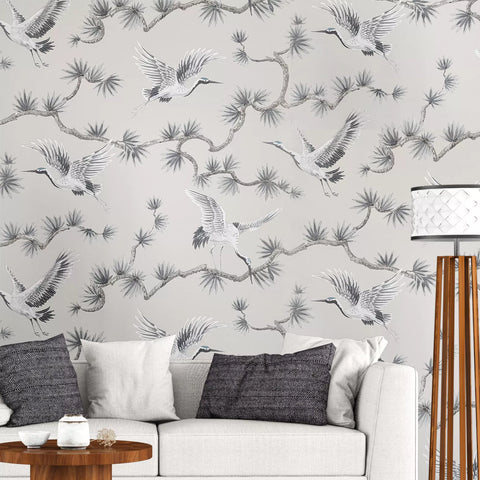 GL21708 Akan Skipping Tan cream cranes floral branches faux fabric textured wallpaper 3D