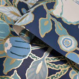 GO8312 Navy blue green white gold metallic floral large blooming flowers Wallpaper roll