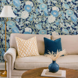 GO8312 Navy blue green white gold metallic floral large blooming flowers Wallpaper roll