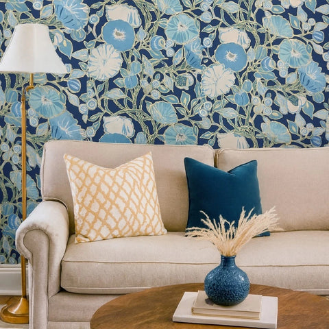 GO8312 Navy blue green white gold metallic floral large blooming flowers Wallpaper roll