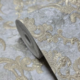 M13011 Gray gold metallic distressed pearl plaster textured Victorian damask Wallpaper
