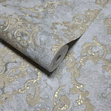 M13011 Gray gold metallic distressed pearl plaster textured Victorian damask Wallpaper
