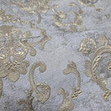 M13011 Gray gold metallic distressed pearl plaster textured Victorian damask Wallpaper
