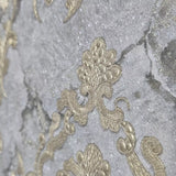 M13011 Gray gold metallic distressed pearl plaster textured Victorian damask Wallpaper
