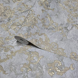 M13011 Gray gold metallic distressed pearl plaster textured Victorian damask Wallpaper
