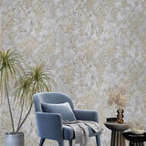 M13011 Gray gold metallic distressed pearl plaster textured Victorian damask Wallpaper
