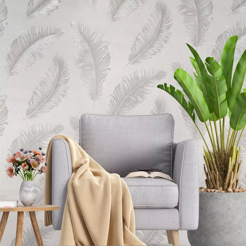 Z77528 Grayish off White cream big feathers pattern faux fabric textured Wallpaper roll