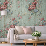 HA1326 Vintage painted wooden panels floral flowers green mint red blue birds wallpaper