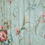 HA1326 Vintage painted wooden panels floral flowers green mint red blue birds wallpaper