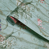 HA1326 Vintage painted wooden panels floral flowers green mint red blue birds wallpaper