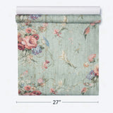 HA1326 Vintage painted wooden panels floral flowers green mint red blue birds wallpaper
