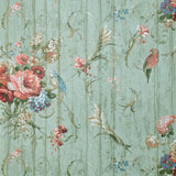 HA1326 Vintage painted wooden panels floral flowers green mint red blue birds wallpaper