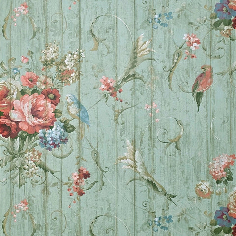 HA1326 Vintage painted wooden panels floral flowers green mint red blue birds wallpaper