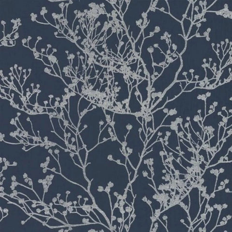 HC7521 Navy blue silver metallic branches natural paperweave woven textured wallpaper
