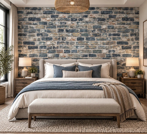 IR50008 Modern orange blue gray faux distressed rustic brick contemporary loft wallpaper