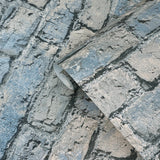 IR50802 Teal blue tan gray realistic faux distressed brick Industrial modern Wallpaper