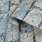 IR50802 Teal blue tan gray realistic faux distressed brick Industrial modern Wallpaper