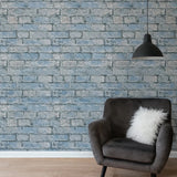 IR50802 Teal blue tan gray realistic faux distressed brick Industrial modern Wallpaper