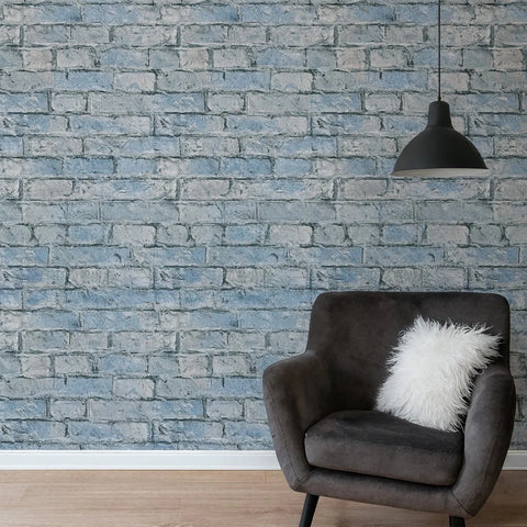 IR50802 Teal blue tan gray realistic faux distressed brick Industrial modern Wallpaper