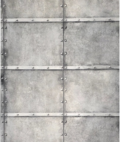 IR50910 Faux metal industrial rusted steel panel plating light gray metallic wallpaper