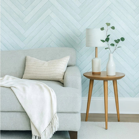IR70404 Grayish light teal blue zigzag herringbone Distressed faux wood planks Wallpaper
