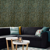 IR70607 Olive green brown rusted reflection distressed antique tile scrollwork wallpaper