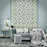 C88140 Ivory teal green gold faux fabric floral plants leaves textured modern Wallpaper