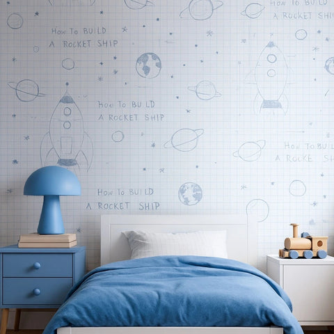 KJ50100 Gray off white grid Rocket Ship Diagram drawing kids play nursery room Wallpaper