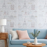 KJ50201 Pastel purple pink mint gray Eiffel Tower Paris landmarks kids room Wallpaper 3D
