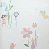 KJ50402 Playful whimsical flowers fairy theme nursery pastel colored off white wallpaper