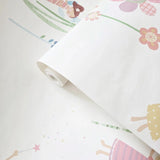 KJ50402 Playful whimsical flowers fairy theme nursery pastel colored off white wallpaper