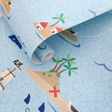 KJ51002 Treasure island map Pirate ship Nautical nursery kids light blue brown wallpaper