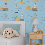 KJ51002 Treasure island map Pirate ship Nautical nursery kids light blue brown wallpaper