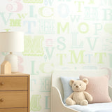 KJ51504 Pastel blue green pink off white letter numbers kids play nursery room Wallpaper