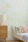 KJ51504 Pastel blue green pink off white letter numbers kids play nursery room Wallpaper