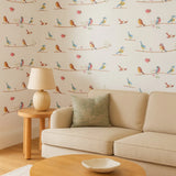 KJ52202 Colorful birds perched on thin kids nursery yellow blue pink on white wallpaper

