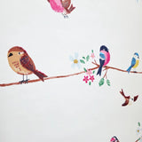 KJ52202 Colorful birds perched on thin kids nursery yellow blue pink on white wallpaper
