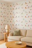 KJ52202 Colorful birds perched on thin kids nursery yellow blue pink on white wallpaper

