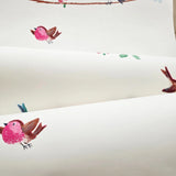 KJ52202 Colorful birds perched on thin kids nursery yellow blue pink on white wallpaper
