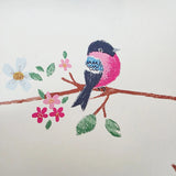 KJ52202 Colorful birds perched on thin kids nursery yellow blue pink on white wallpaper

