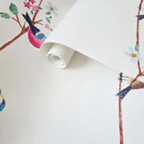 KJ52202 Colorful birds perched on thin kids nursery yellow blue pink on white wallpaper
