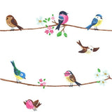 KJ52202 Colorful birds perched on thin kids nursery yellow blue pink on white wallpaper
