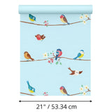 KJ52212 Birds perched on thin kids nursery brown yellow pink green light blue wallpaper