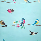 KJ52212 Birds perched on thin kids nursery brown yellow pink green light blue wallpaper