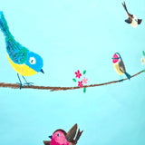 KJ52212 Birds perched on thin kids nursery brown yellow pink green light blue wallpaper