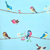 KJ52212 Birds perched on thin kids nursery brown yellow pink green light blue wallpaper