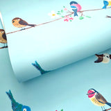KJ52212 Birds perched on thin kids nursery brown yellow pink green light blue wallpaper