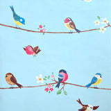 KJ52212 Birds perched on thin kids nursery brown yellow pink green light blue wallpaper