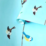 KJ52212 Birds perched on thin kids nursery brown yellow pink green light blue wallpaper